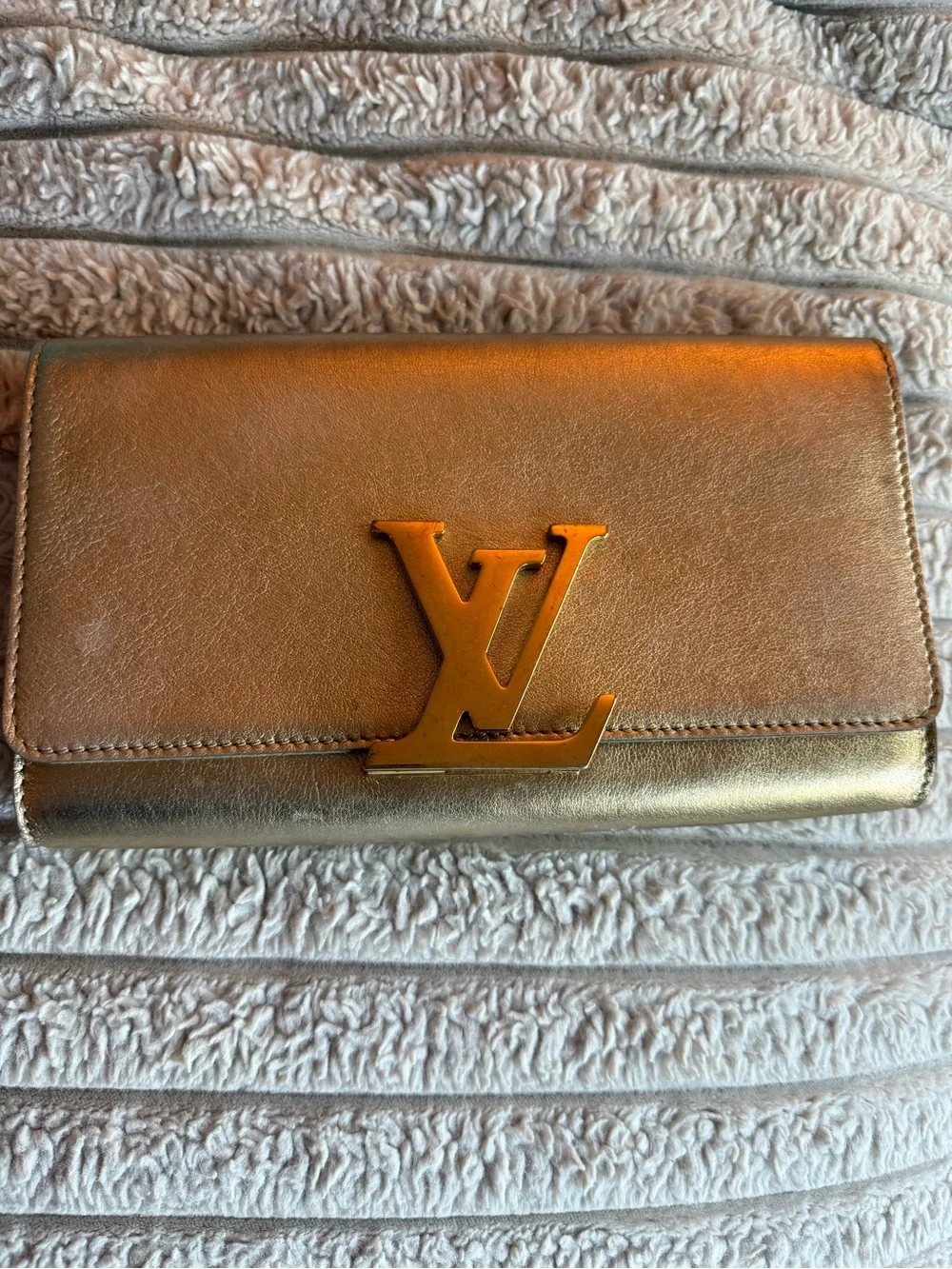 Louis Vuitton Metallic Gold Leather Clutch with LV Monogram Plaque